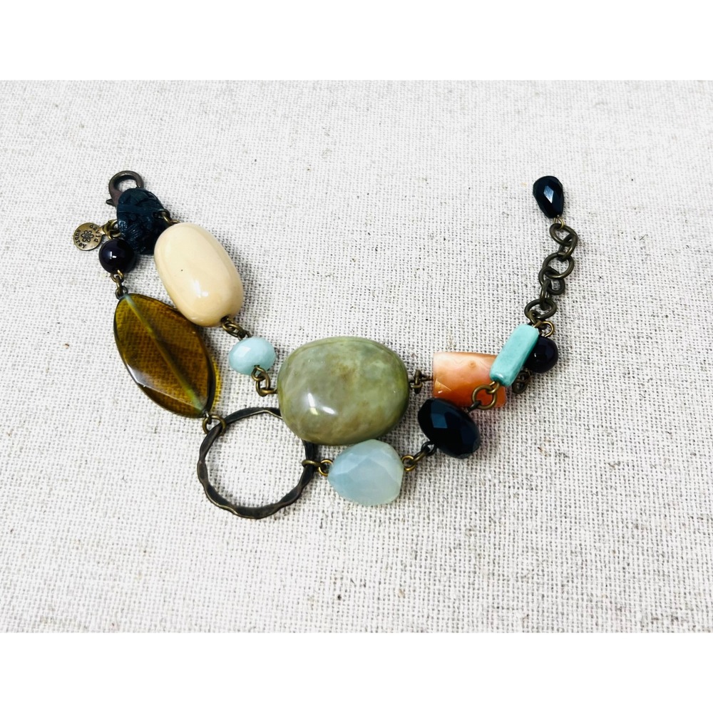 David Aubrey Multi Stone Antique Brass Chunky Link Bracelet Jade Onyx Boho
